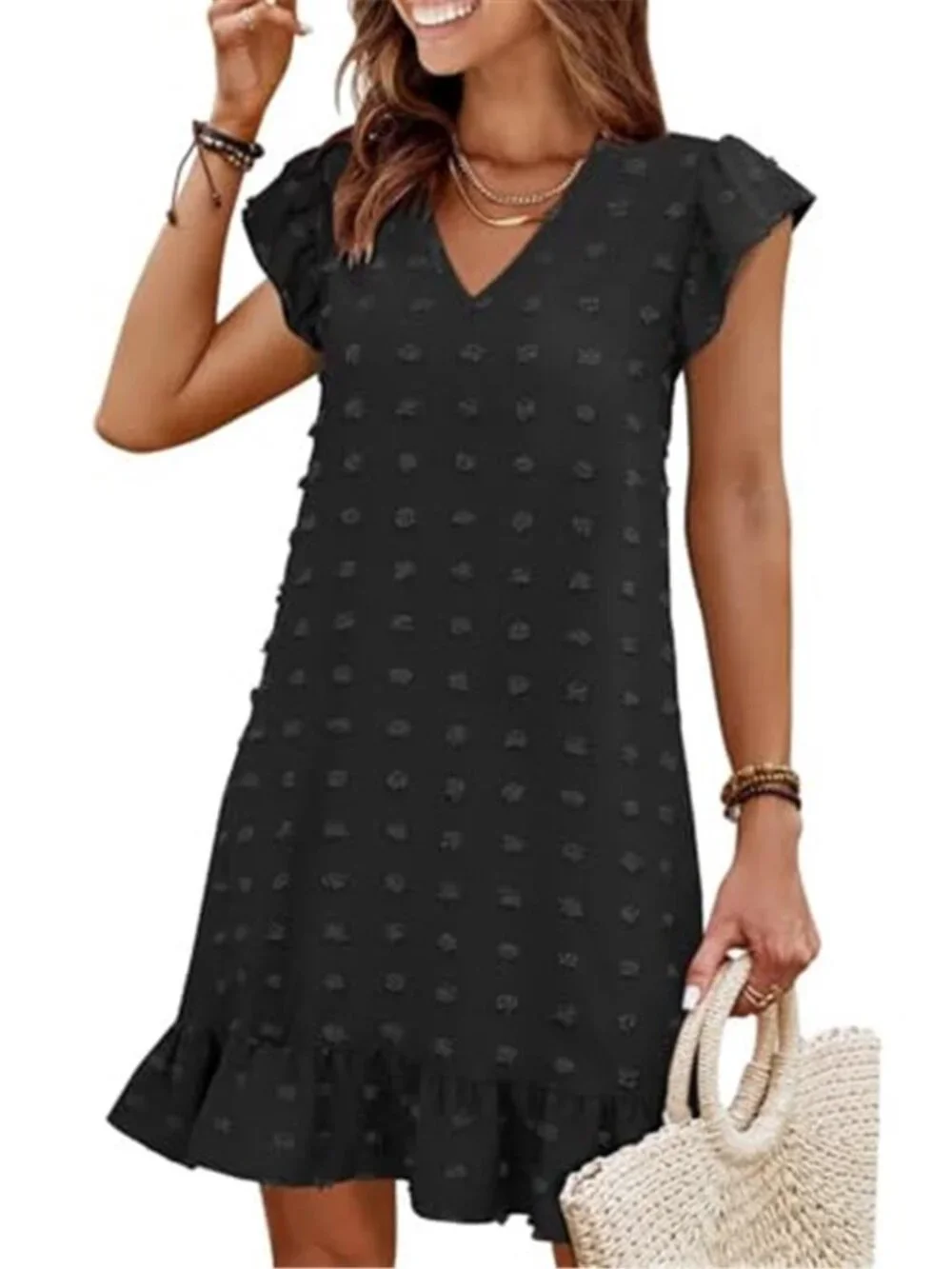 Womens Ruffle V Neck Dress Casual Summer Beach Vacation Loose Mini Dress